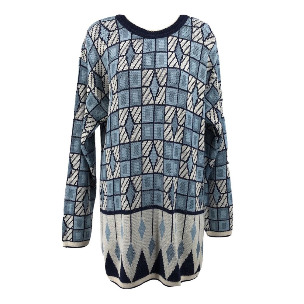 90s Geometric Grandpa Sweater Mens M X- tall Blue White Reversible Preppy Unisex